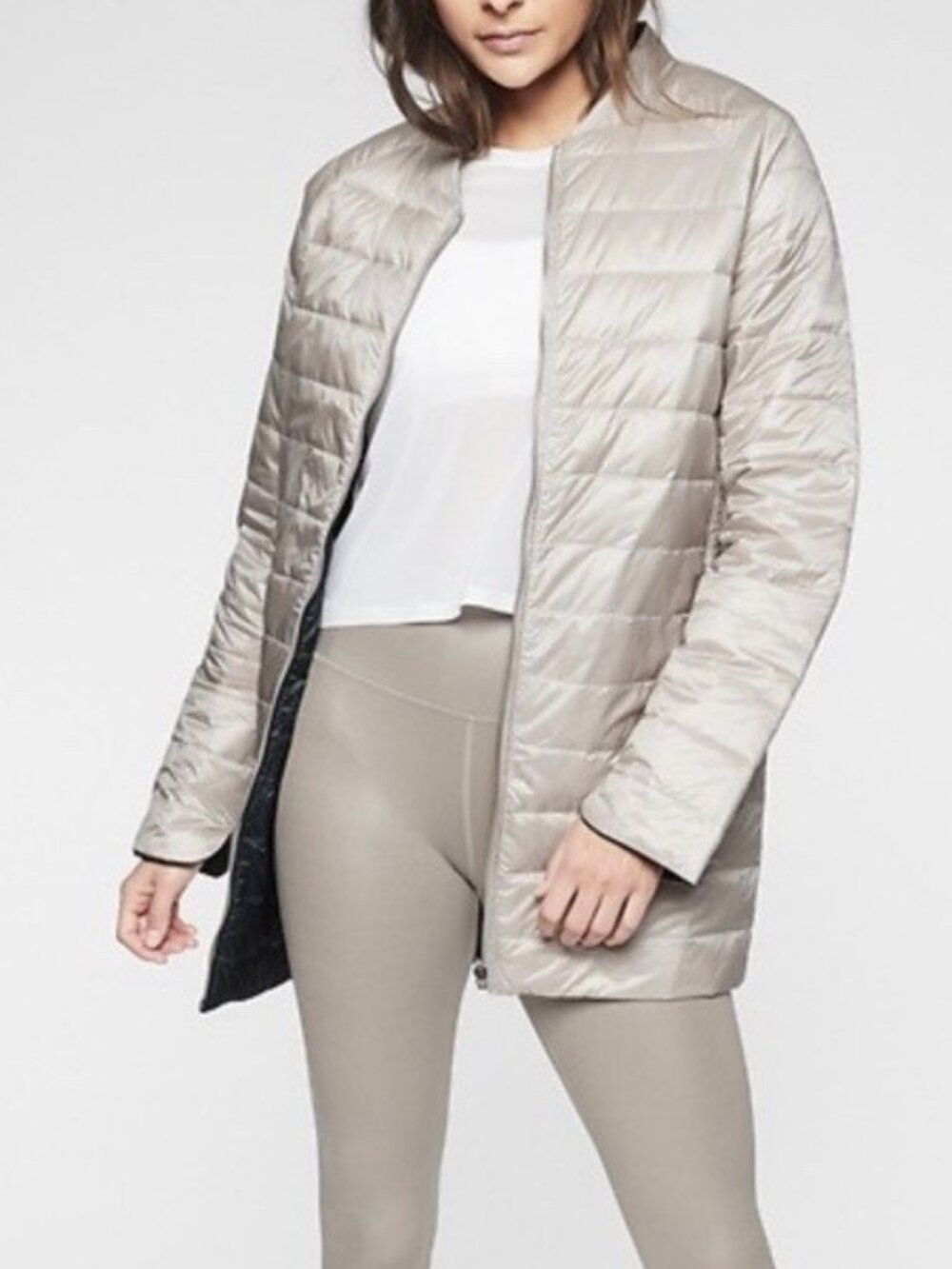 ATHLETA M ReversaWarm Down Feather Coat Parka Reversible Grey/Birch Grey